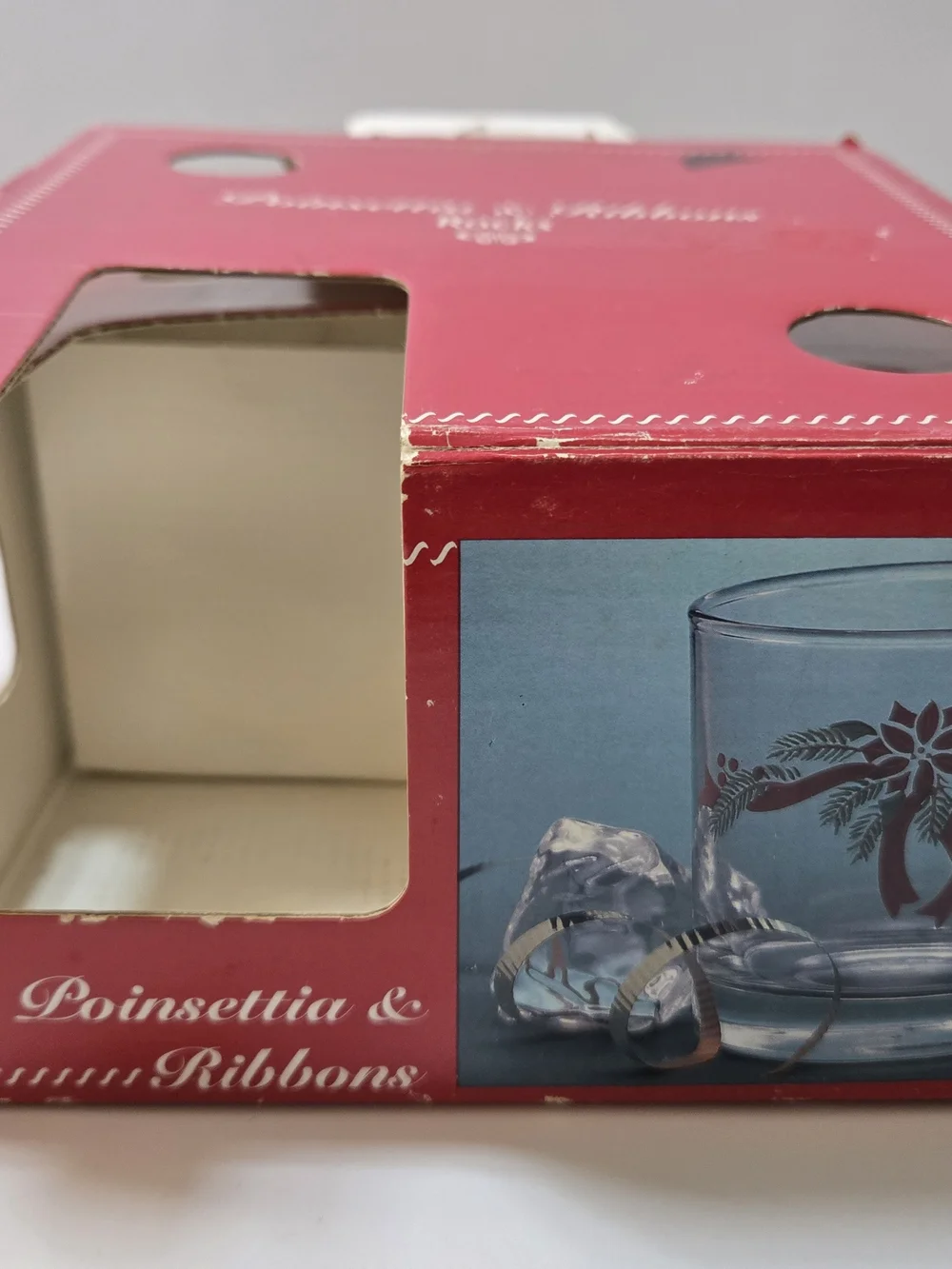 Vintage Anchor Hocking Poinsettia & Ribbons Rocks Glasses Set of 4 Christmas USA